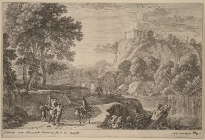 Travelers on Road to Left of a Stream