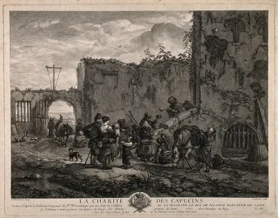 Travelers receiving alms and food from a Capuchin monastery