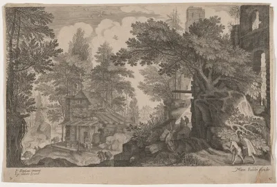 Travelers Resting in a Forest near a Hut