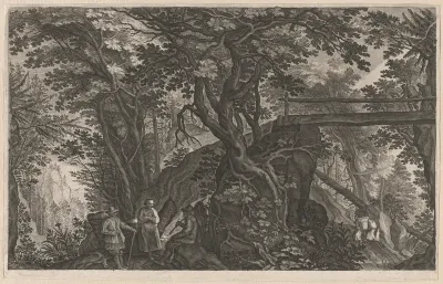 Travelers Resting in a Mountain Forest by a Log Bridge