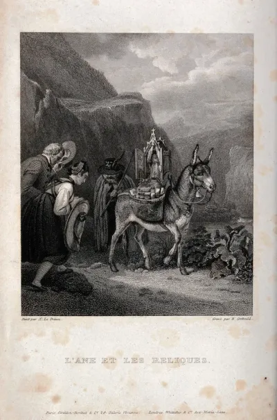 Traveller with an ass carrying a shrine, which is venerated by a couple