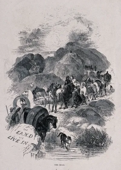 Travellers in England in the seventeenth century transporting their animals and belongings on a pack-horse across a rocky pass