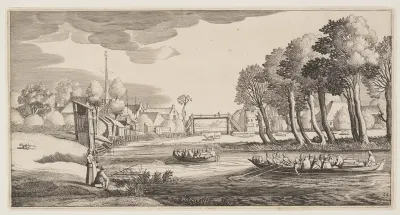 Travellers in Row-Boats approaching a Village, from Landscapes (Playsante Lantschappen)