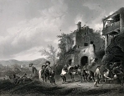 Travellers visit the smith in his workshop to have their horses shod