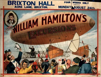 Travels to distant parts of the world performed by Willam Hamilton, represented by an airship piloted by him that is acclaimed by people of different races