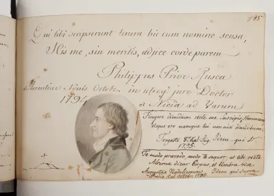 Tre hilsner fra Philippus P. Rusca og Hornemans profilportræt af samme(?)