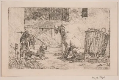 Tre hunde foran en stalddør