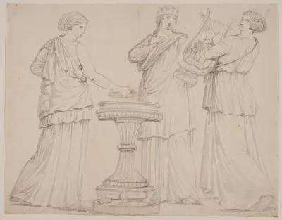 Tre kvinder i græske gevandter ved et alter. Kvinden t.v. med en tavle (?), i midten med en krone, t.h. med en lyre (terpsichore?)