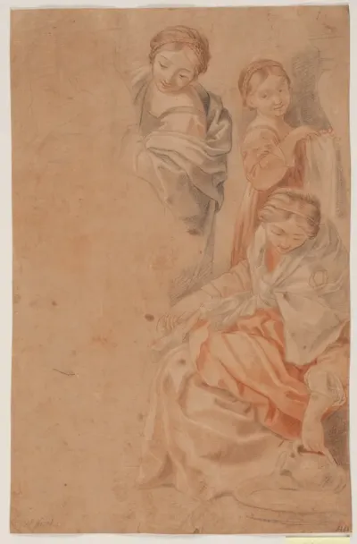 Tre kvindeskikkelser. Studie efter Guido Renis freske i Cappella dell' Annunciazione, Palazzo Quirinale, Rom. (Marias fødsel, højre side)