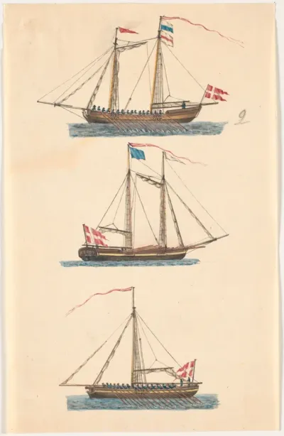 Tre marineskibe med danske flag. Åredrevne