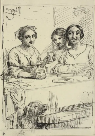 Tre piger ved et bord, under bordet en hund