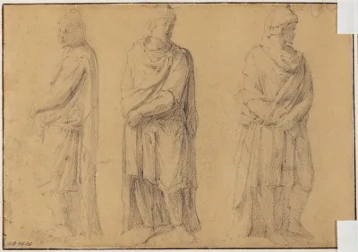 Tre tegninger af en antik statue af en slave