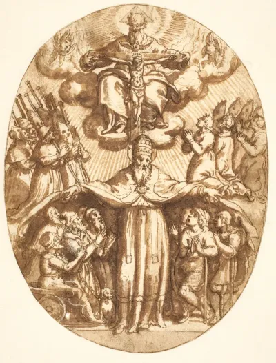 Treenigheden med medlemmer af et broderskab og paven, som beskytter af de svagelige. Oval komposition