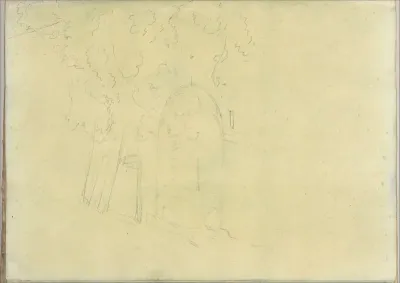 Trees next to an arched opening containing steps (Smaller Italian sketchbook, leaf 17 recto)
