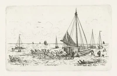 Trekpaarden bij vissersboten