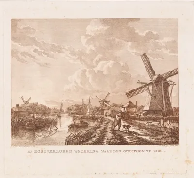 Trekschuit en vissers op een rivier langs molens