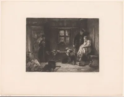 Treurende familie in een interieur