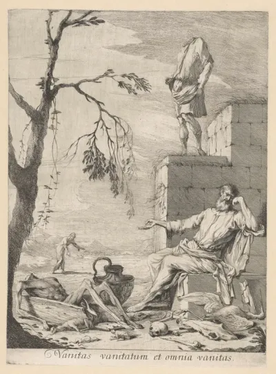 Treurende filosoof omgeven door vanitas symboliek