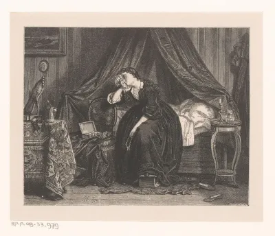 Treurende vrouw, zittend op een bed
