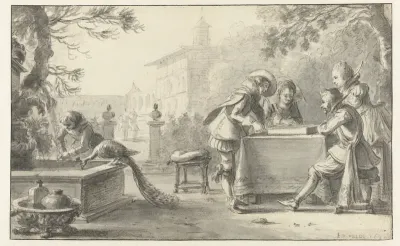 Triktrakspelers in de tuin van een kasteel