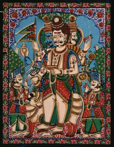 Trimurti; a three headed god with Shiva in the center, Vishnu on the left and Brahma on the right, standing before Nandi, the cow