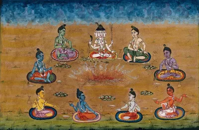 Trimurty, the three headed Shiva, sitting with eight other priests (?) perform a yagna, a fire sacrifice, an old vedic ritual where offerings are made to the god of fire, Agni