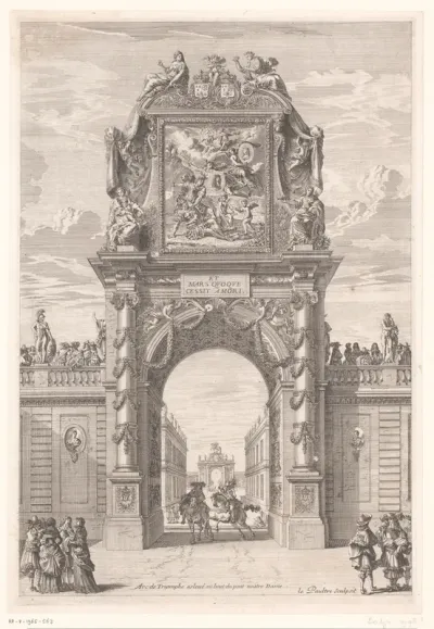 Triomfboog bij de Pont Notre Dame te Parijs met een schilderij van Venus en Mars