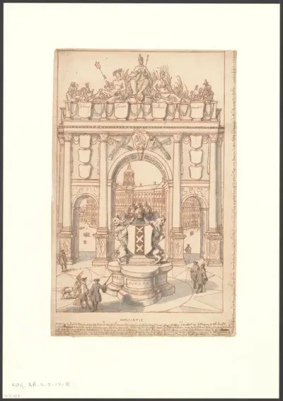 Triomfboog op de Dam, met de wapenschilden van de burgemeesters François de Vicq, Joan Corver, Jeronimo de Haze en Cornelis Munter