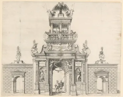 Triomfboog opgericht voor de intocht van keizer Maximiliaan II in Neurenberg in 1570