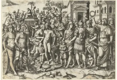 Triomftocht van Romeinse keizer met soldaten en buitgemaakte wapenrustingen