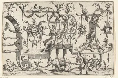 Triomfwagen getrokken door een fantasiebeest met geitesik