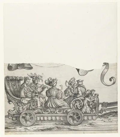 Triomfwagen met musici die spelen op blaasinstrumenten