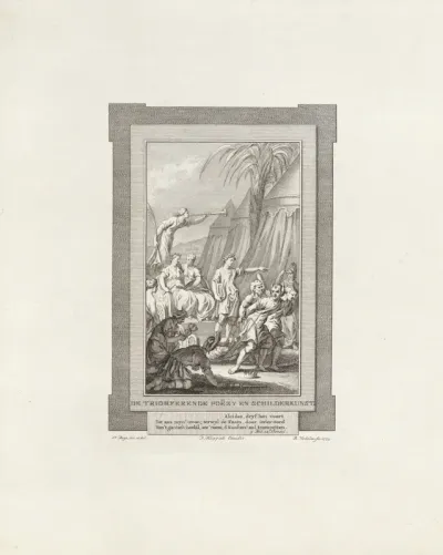 Triomfwagen met personificaties van de Schilderkunst en de Poëzie