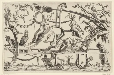 Triomfwagen met saters en vrouwenfiguren