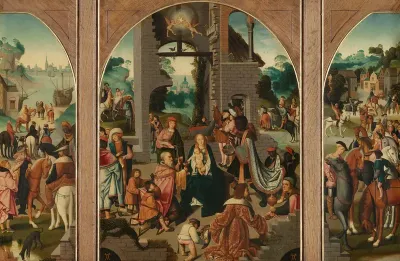 Triptych with Adoration of the Magi (center and inner wings), Saint Antony Abbot (left, outer wing) and Saint Adrian (right, outer wing)
