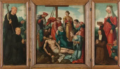 Triptych with the Lamentation of Christ (center), flanked by the male Donor with Saint Benedict (left, inner wing) and female Donor with Saint Elizabeth of Thuringia (right, inner wing)