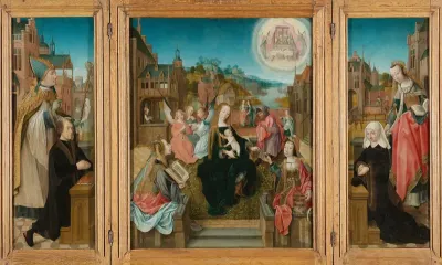 Triptych with Virgin and Child with Saints (center), male Donor with Saint Martin (left, inner wing), female Donor with Saint Cunera (right, inner wing), and the Annunciation (outer wings)