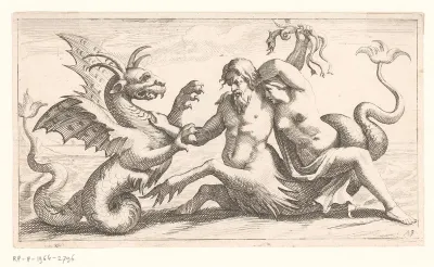 Triton met vrouw in gevecht met een zeemonster