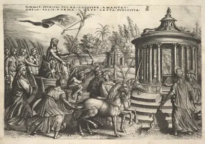 Triumph of Chastity: unicorns draw a carriage bearing a female figure seated next to a sphinx and holding a standard, Vestal virgins walk behind the carriage, round temple of Vesta at right, from "The Triumphs of Petrarch"