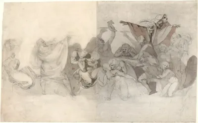 Triumph of Death: Three Skeletons Invading a Bacchanal Orchestrated by a Magician or an Evil Demon