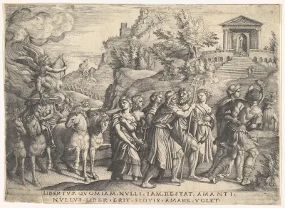 Triumph of Love: four horses draw a carriage with Cupid standing upon a smoking platform, preceded by gods and goddesses on foot, a temple with gabled pediment at crest of hill beyond, from "The Triumphs of Petrarch"