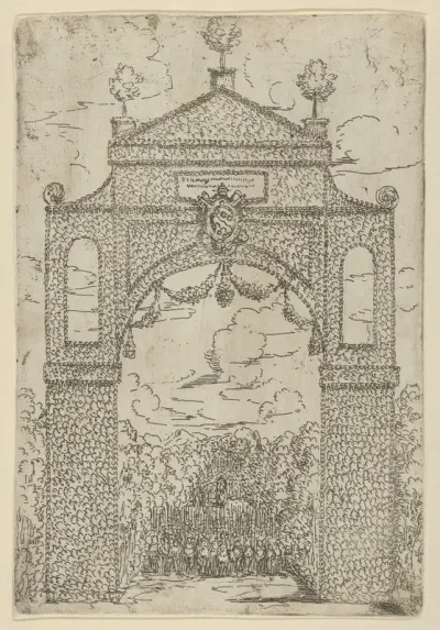 Triumphal arch covered in foliage with mounted troops below, a temporary decoration for the entry of Pope Clement VIII in Bologna in 1598