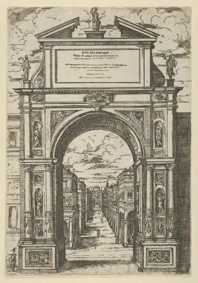 Triumphal arch surmounted by a statue representing the city of Bologna, buildings seen through the arch below, a temporary decoration for the entry of Pope Clement VIII in Bologna in 1598
