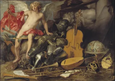Triumphant Cupid among Emplems of Art and War