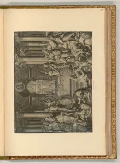 Triumphbogen mit dem Porträt Philipp III. von Spanien, umgeben von Personifikationen mit Wappen der Herrschaftsgebiete