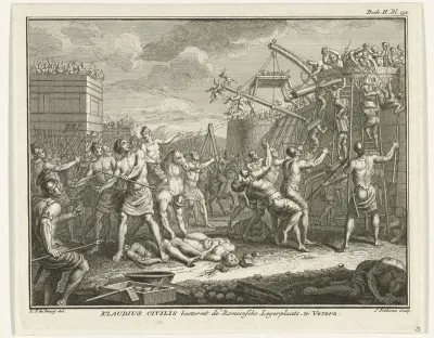 Troepen van Civilis bestormen de Romeinse vesting te Xanten, 69-70