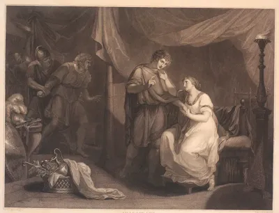 Troilus overrasker Cressida og Diomedes. Fra William Shakespeares "Troilus og Cresida", 5 akt, 2 scene