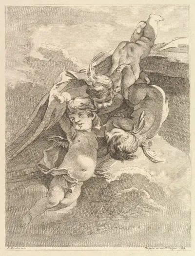 Trois Amours soutenant une draperie (Three Loves Holding a Drapery), from Premier Livre de Groupes d'Enfans (First Book of Groups of Children)