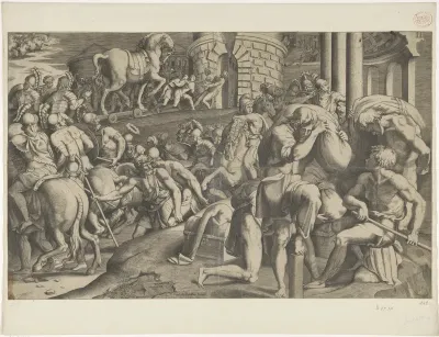 Trojanen halen het houten paard binnen