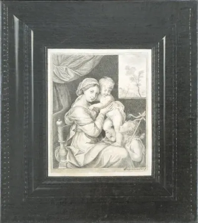 Trompe l'oeil af et indrammet kobberstik af Maria med Barnet